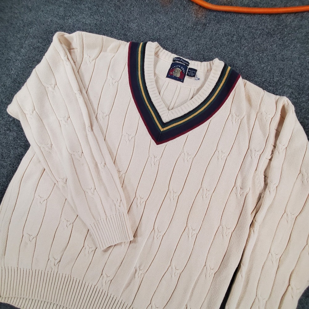 Gant Sweater Mens XLT Salty Dog Cream Cable Knit V-Neck Striped Trim Cotton